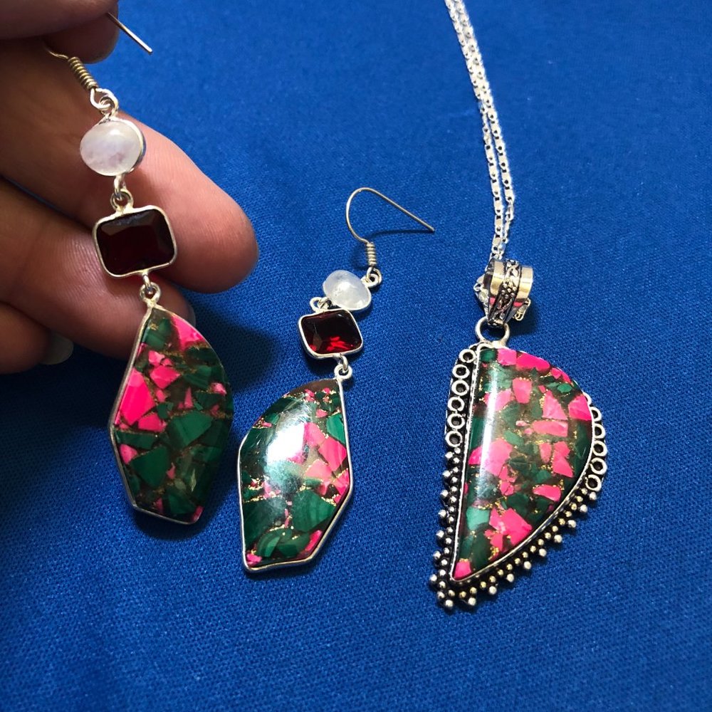 Handmade Copper Malachite +Pink Agate Gemstone 925 Stamped Sterling Silver Set. - Picture 4 of 5